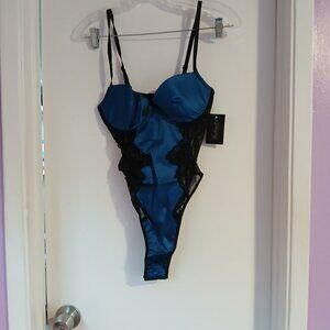 Fredericks of Hollywood Women's Beatrice Blue Satin Teddy / Bodysuit NWT…